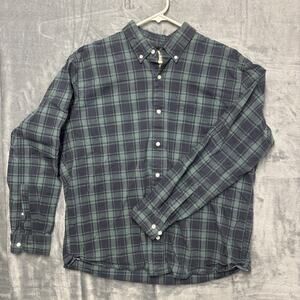 LL Bean Shirt Large Blue Green Plaid Long Sleeve Button Down Cotton Pocket